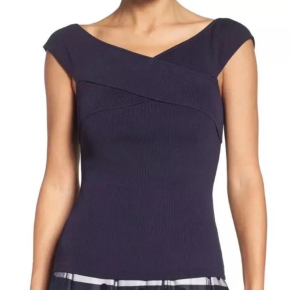 Eliza J Blue Stretch Jersey Knit Off The Shoulder Strappy Fitted Top - Picture 6 of 9